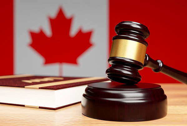 closeup judge s hammer wooden table against background canadian flag concept canadian legislation3d rendering